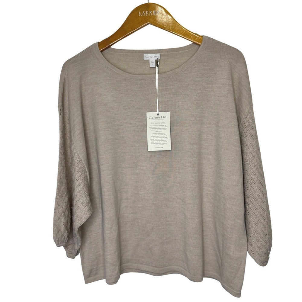 Garnet Hill Merino Pointelle Blouson Bishop Sleeve Sweater Large Tan NEW